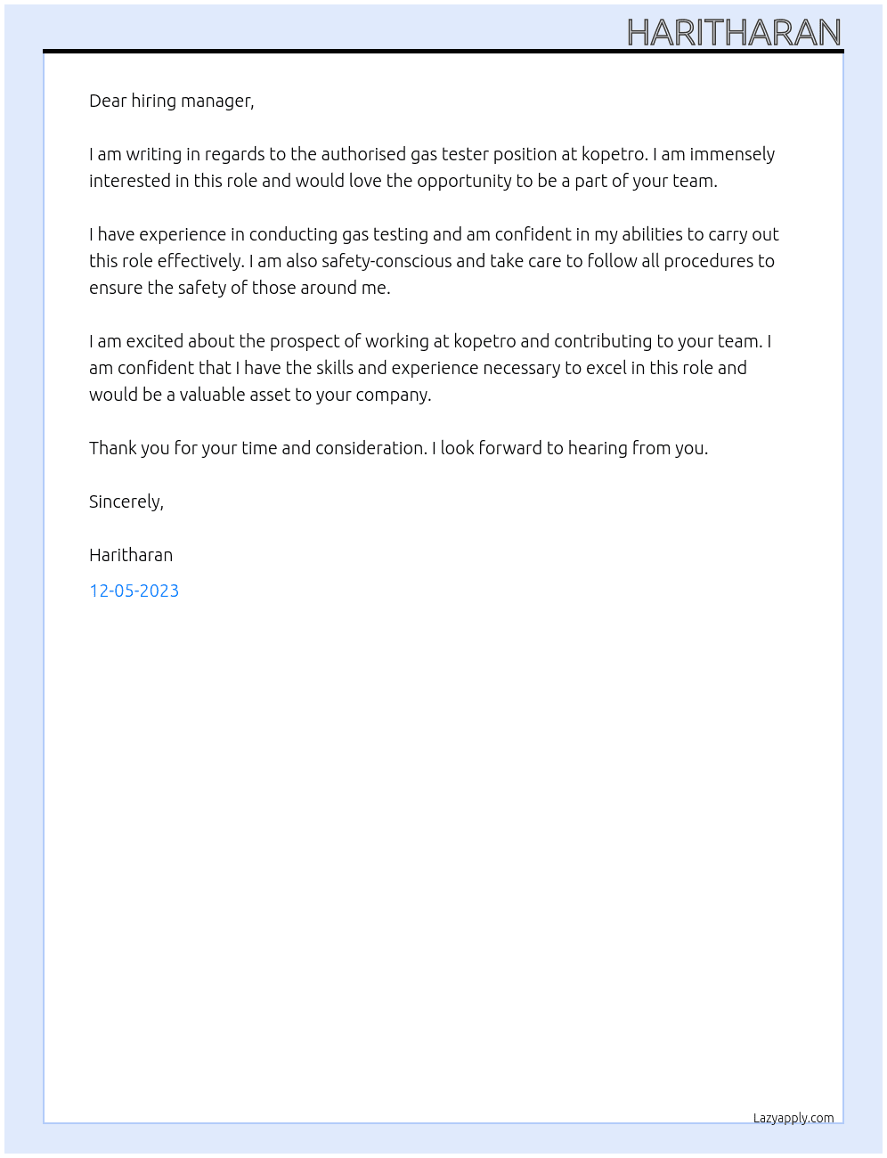 authorised gas tester At kopetro Cover Letter