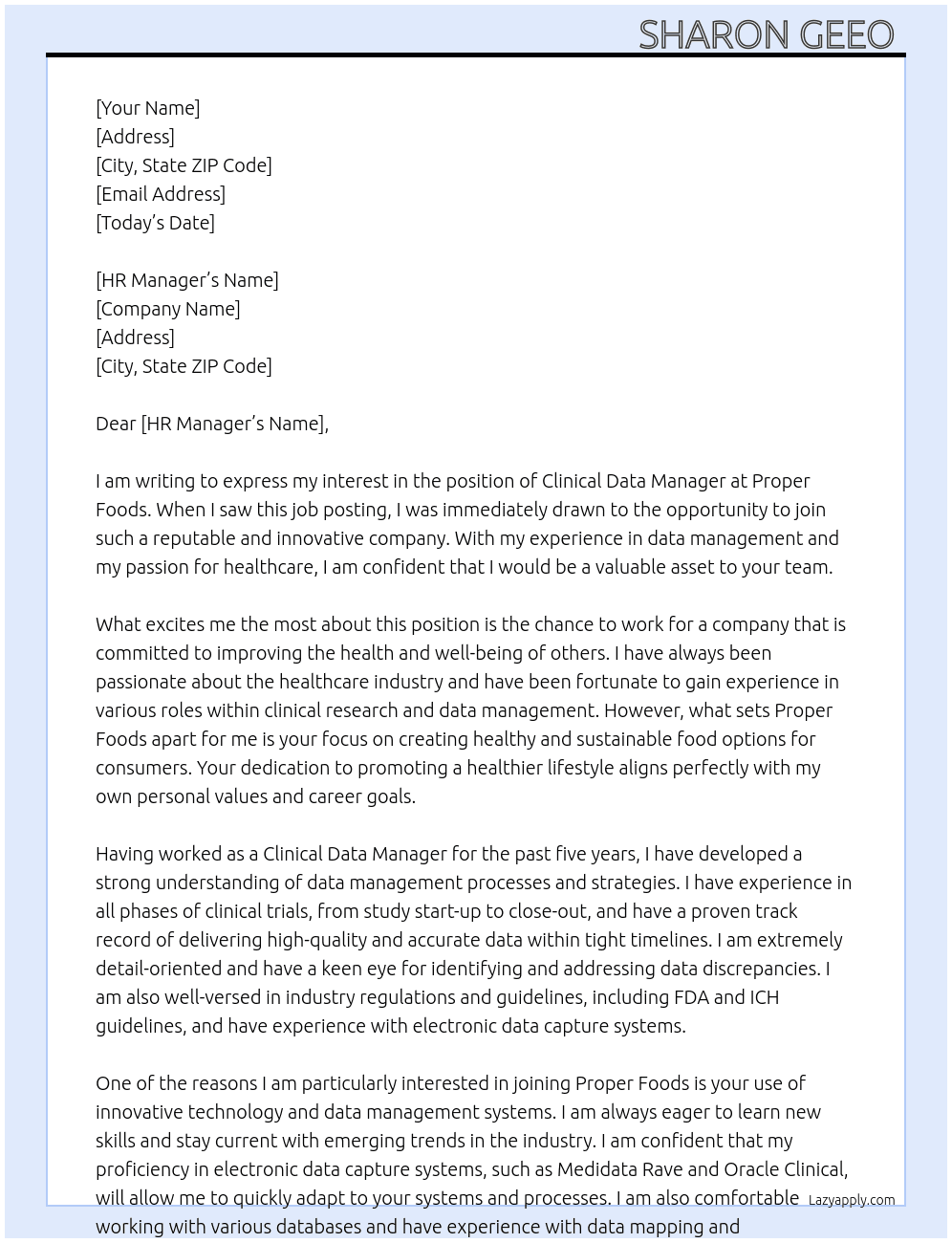Clinical data manager At Proper Foods Cover Letter