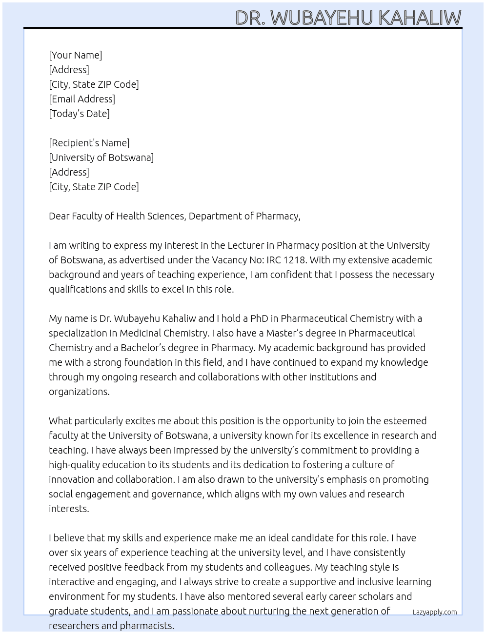 Lecturer in Pharmacy At University of Botswana Cover Letter