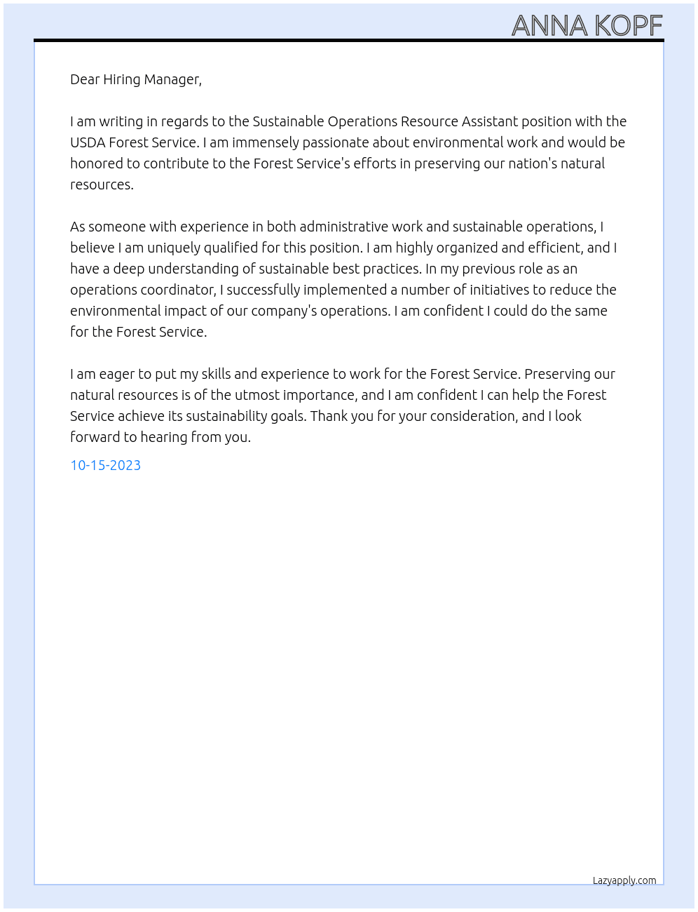 Sustainable Operations Resource Assistant At USDA Forest Service Cover Letter