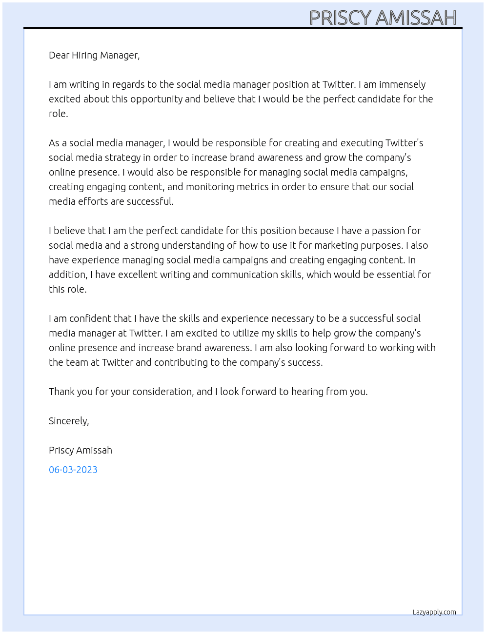 Social media manager At Twitter  Cover Letter