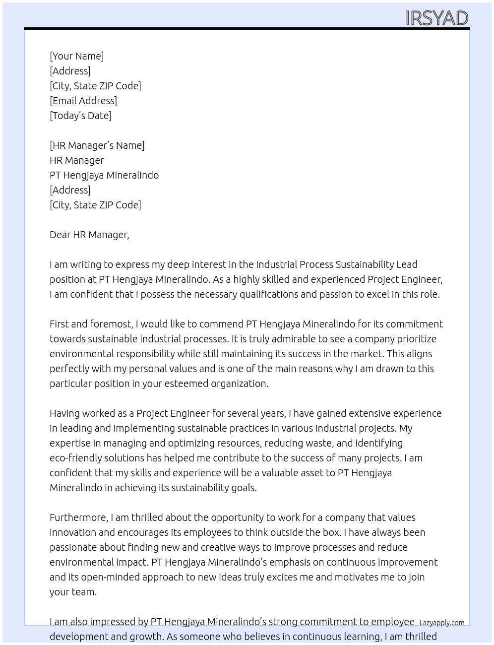 industrial process sustainability lead At PT hengjaya Mineralindo Cover Letter