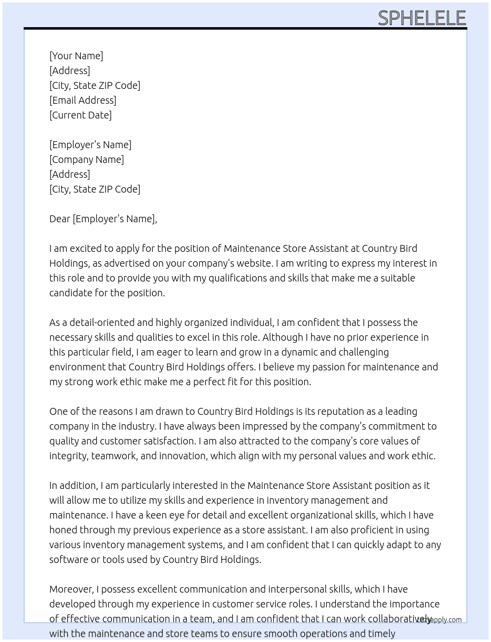 Maintenance Store Assistant At Country Bird Holdings Cover Letter