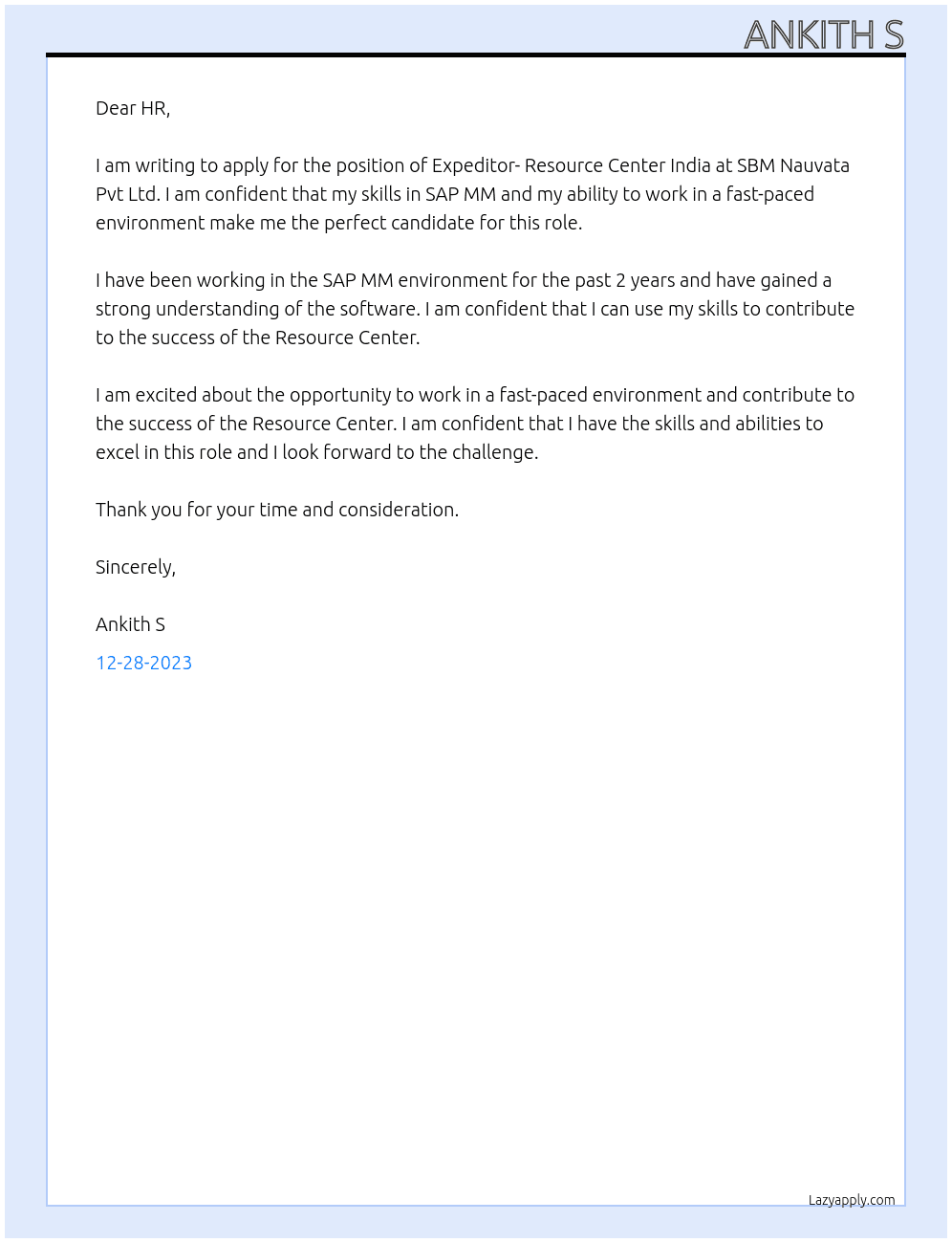 Expeditor- Resource Center India At SBM Nauvata Pvt Ltd Cover Letter