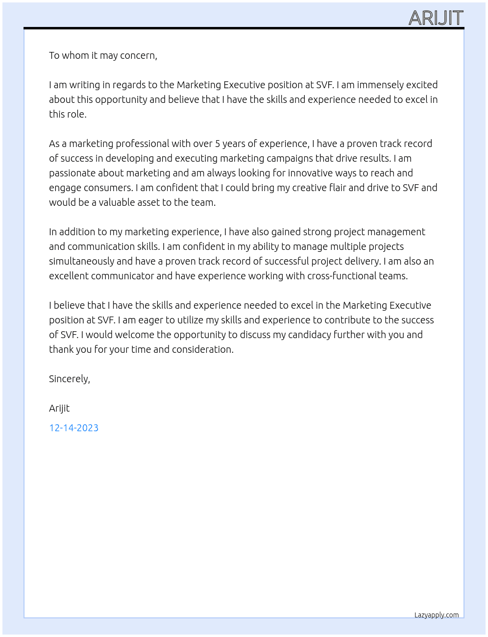 Marketing Executive At SVF Cover Letter