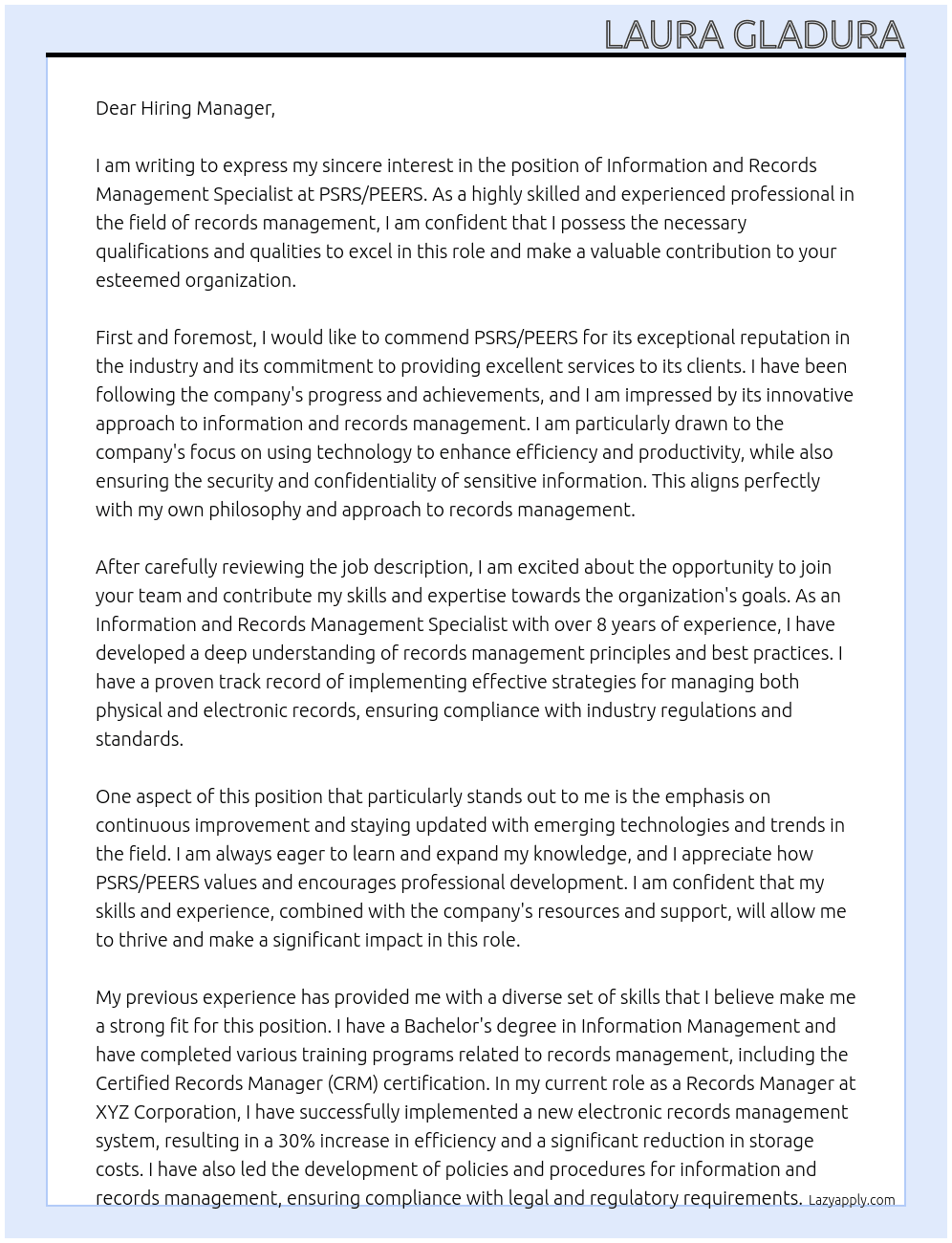 Information and Records Management Specialist At PSRS/PEERS Cover Letter