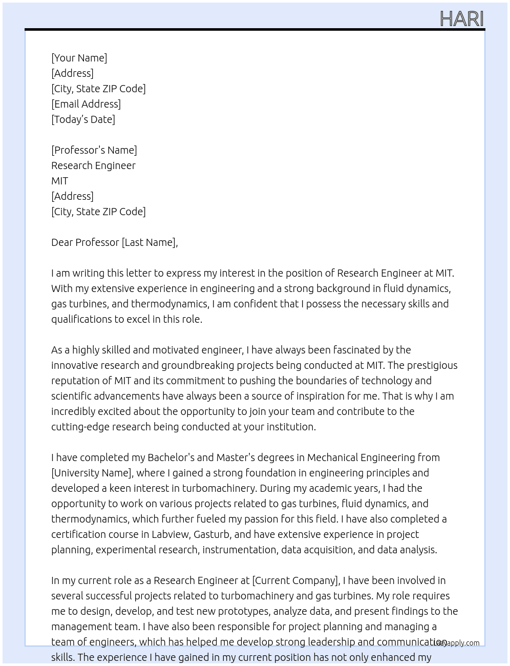 Research Engineer At MIT Cover Letter
