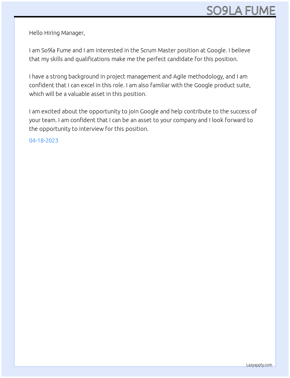 Scrum Master At Google Cover Letter