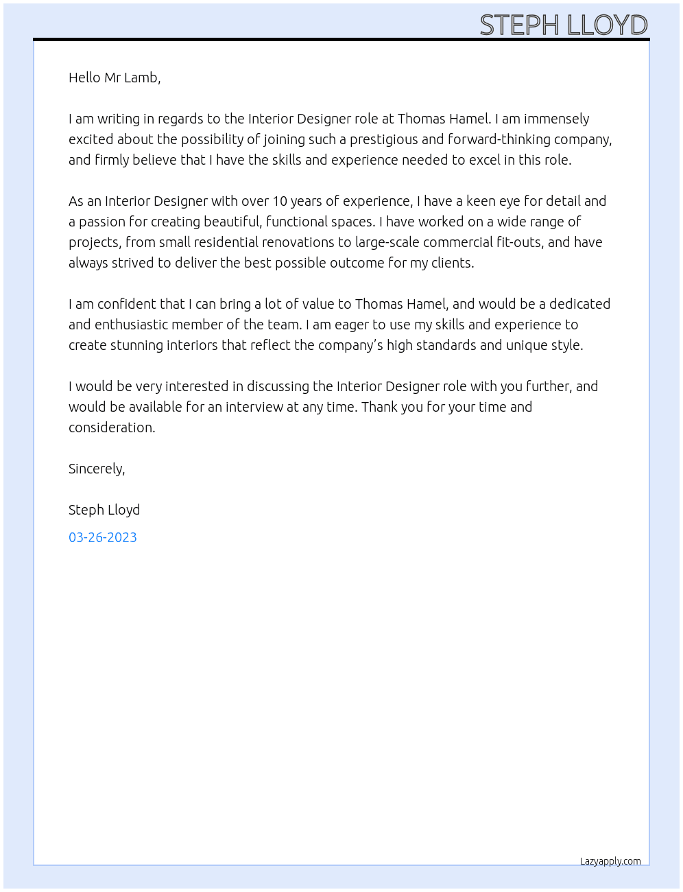 Interior Designer At Thomas Hamel  Cover Letter