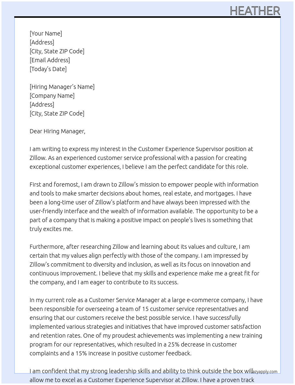 Customer Experience Supervisor At Zillow Cover Letter