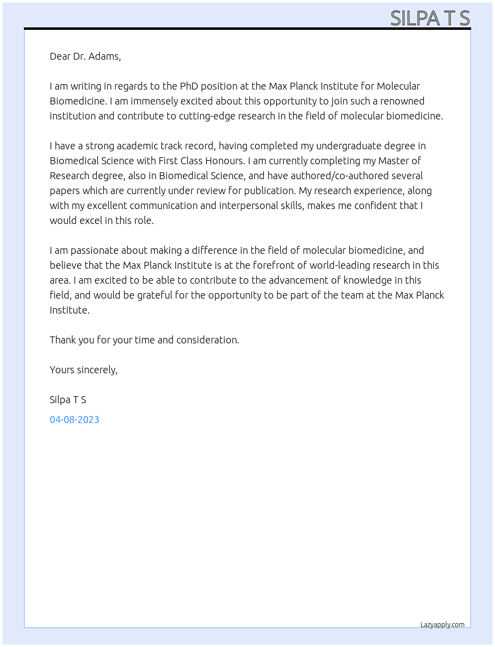PhD At Max Planck Institute for Molecular Biomedicine Cover Letter
