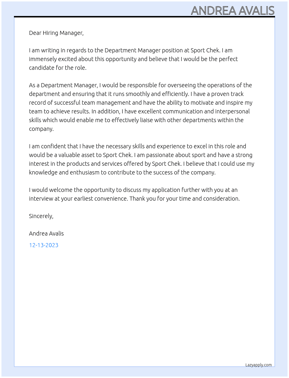 Department Manager  At Sport Chek Cover Letter