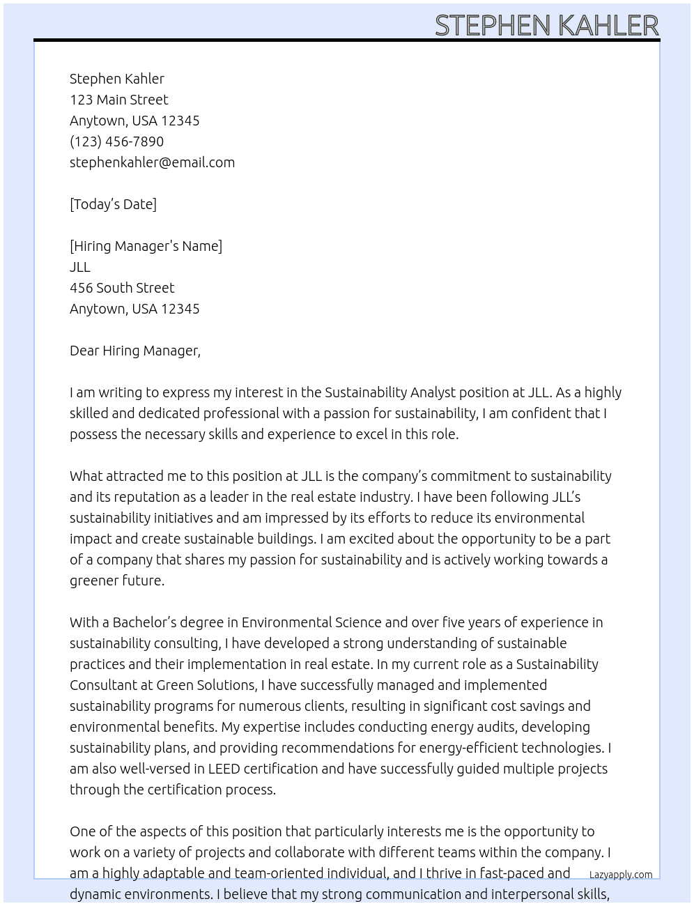 Sustainability Analyst At JLL Cover Letter