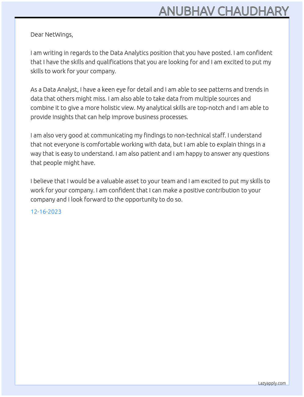 Data Analytics  At NetWIngs Cover Letter