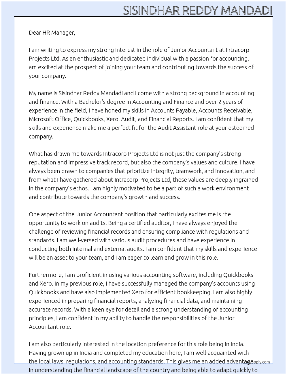 junior accountant At Intracorp Projects Ltd Cover Letter