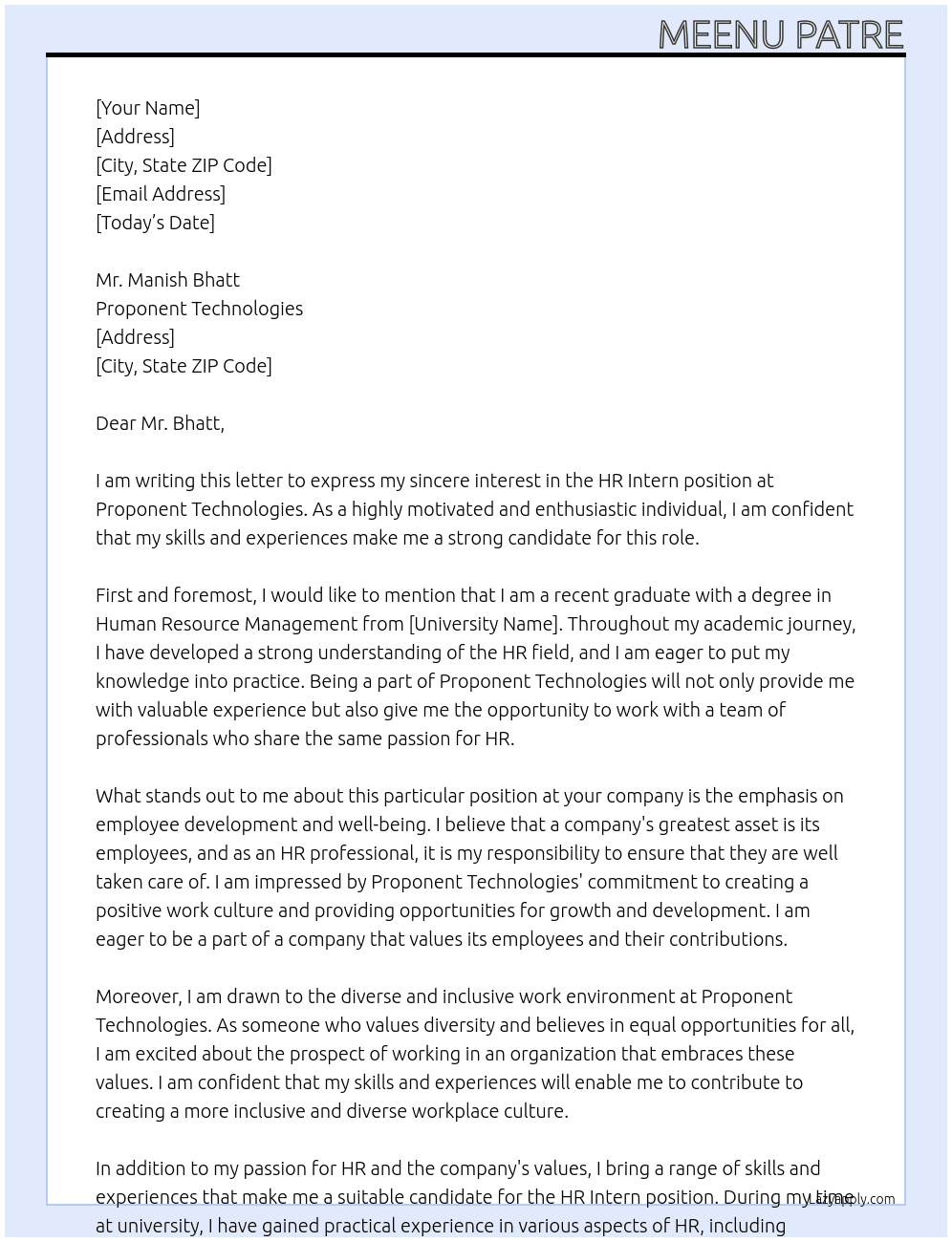 HR Intern At Proponent Technologies Cover Letter