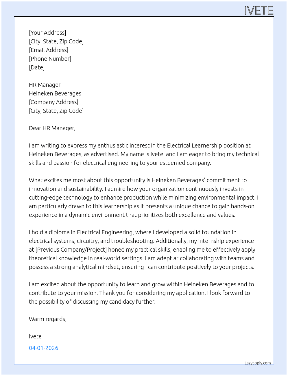 electrical learnership At heineken beverages Cover Letter