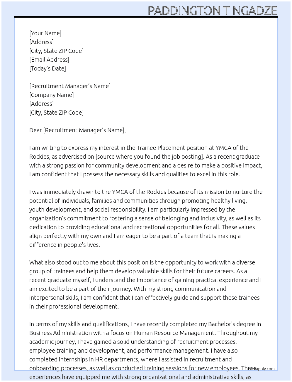 Trainee placement At YMCA of the Rockies Cover Letter