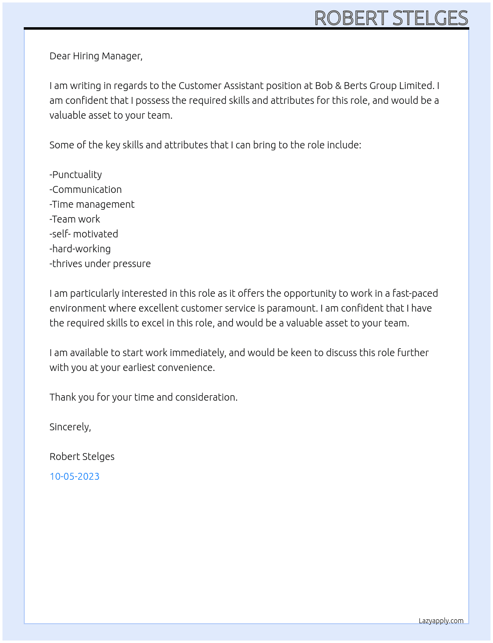 Customer Assistant At Bob & Berts Group Limited Cover Letter