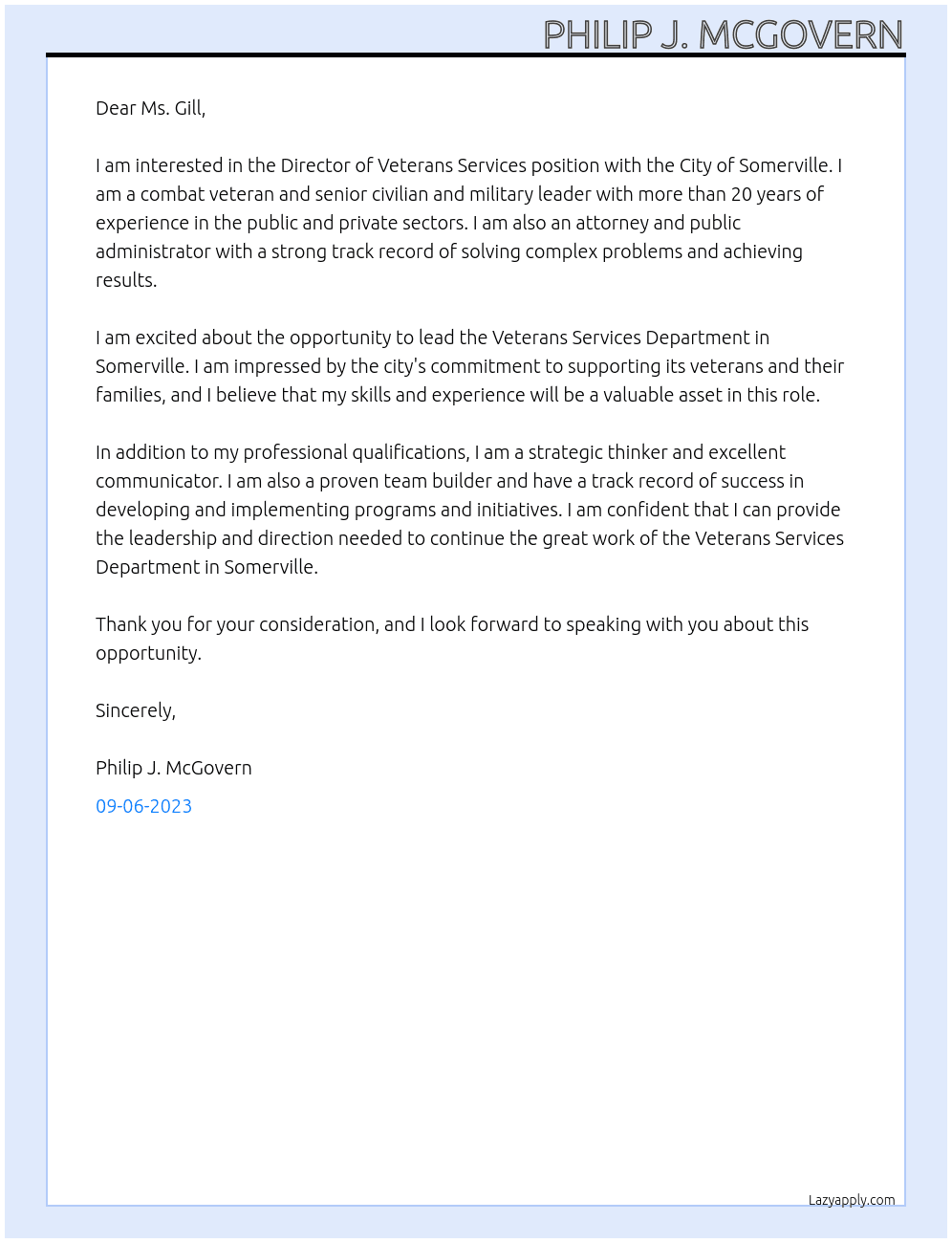 Director of Veterans Services At City of Somerville Cover Letter