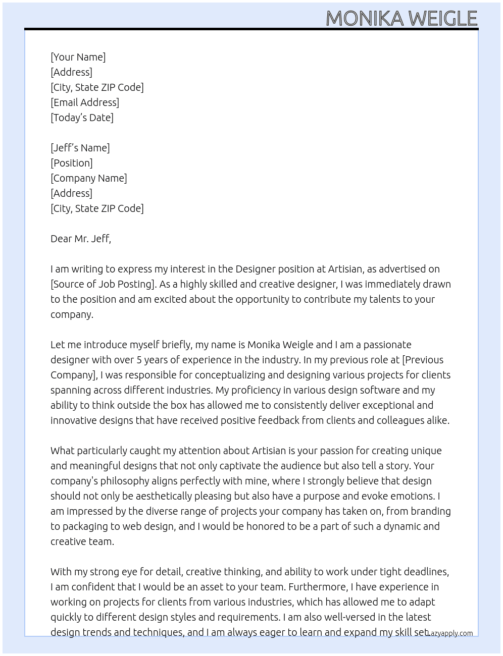 designer At artisian Cover Letter
