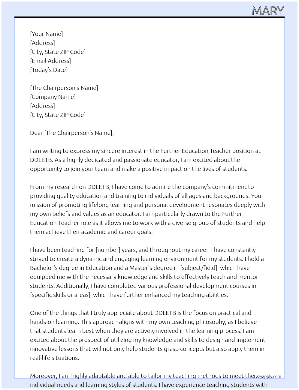 Furrher Education Teacher At DDLETB Cover Letter
