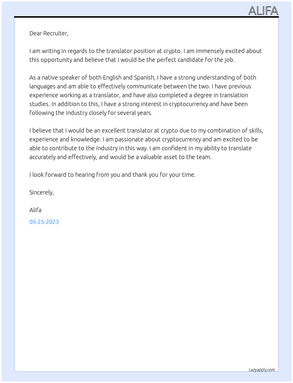 translator At crypto Cover Letter