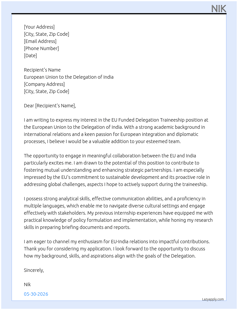 eu funded delegation traineeship At european union to delegation of india Cover Letter