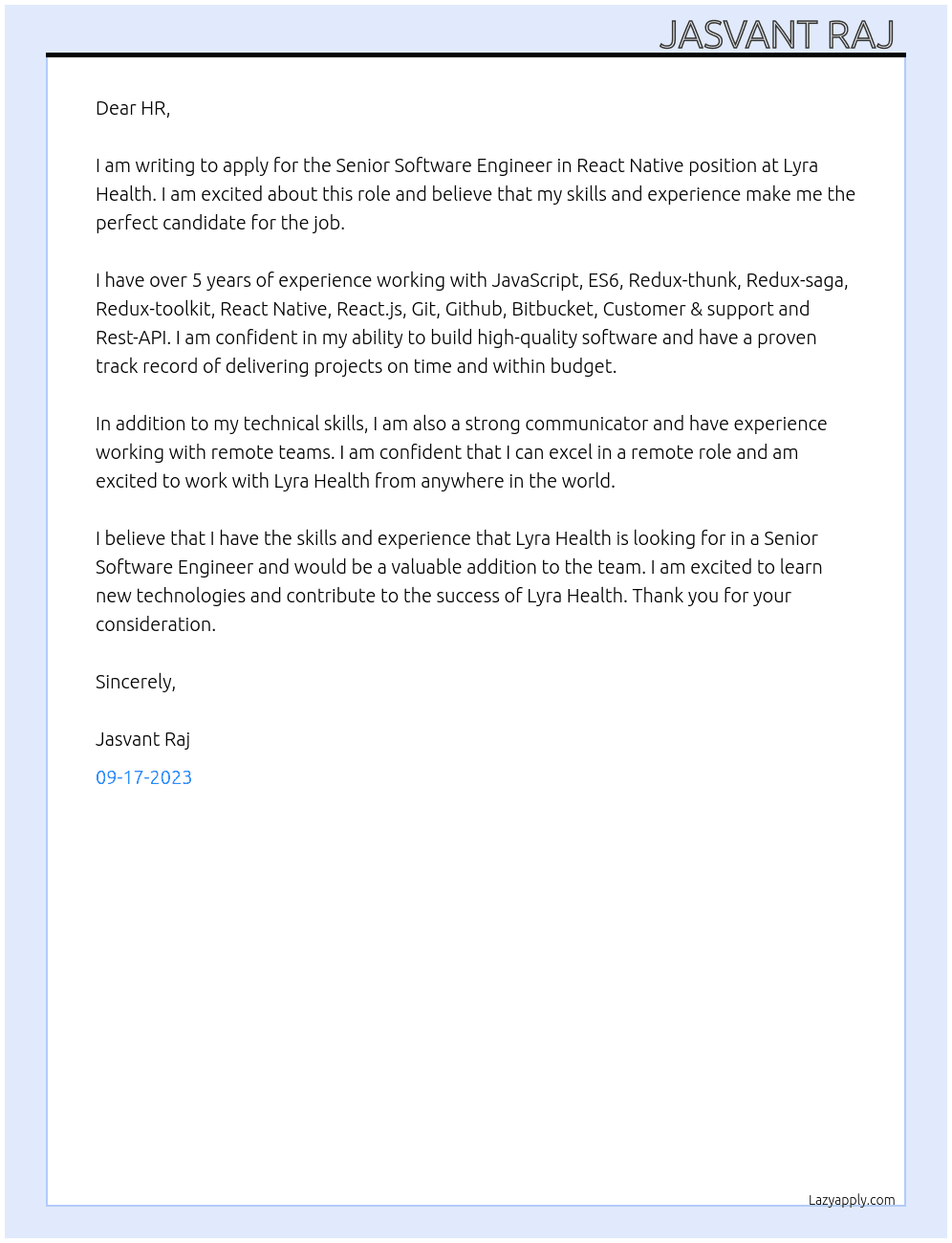 Senior Software Engineer in React Native  At Lyra Health  Cover Letter