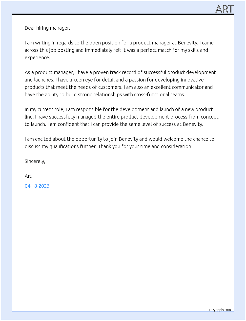 product manager At Benevity Cover Letter