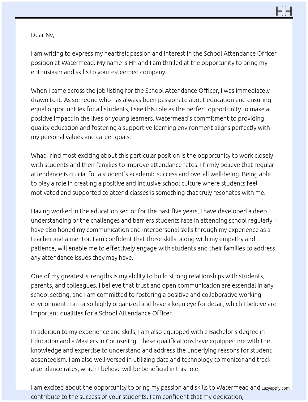 School Attendance officer  At Watermead Cover Letter