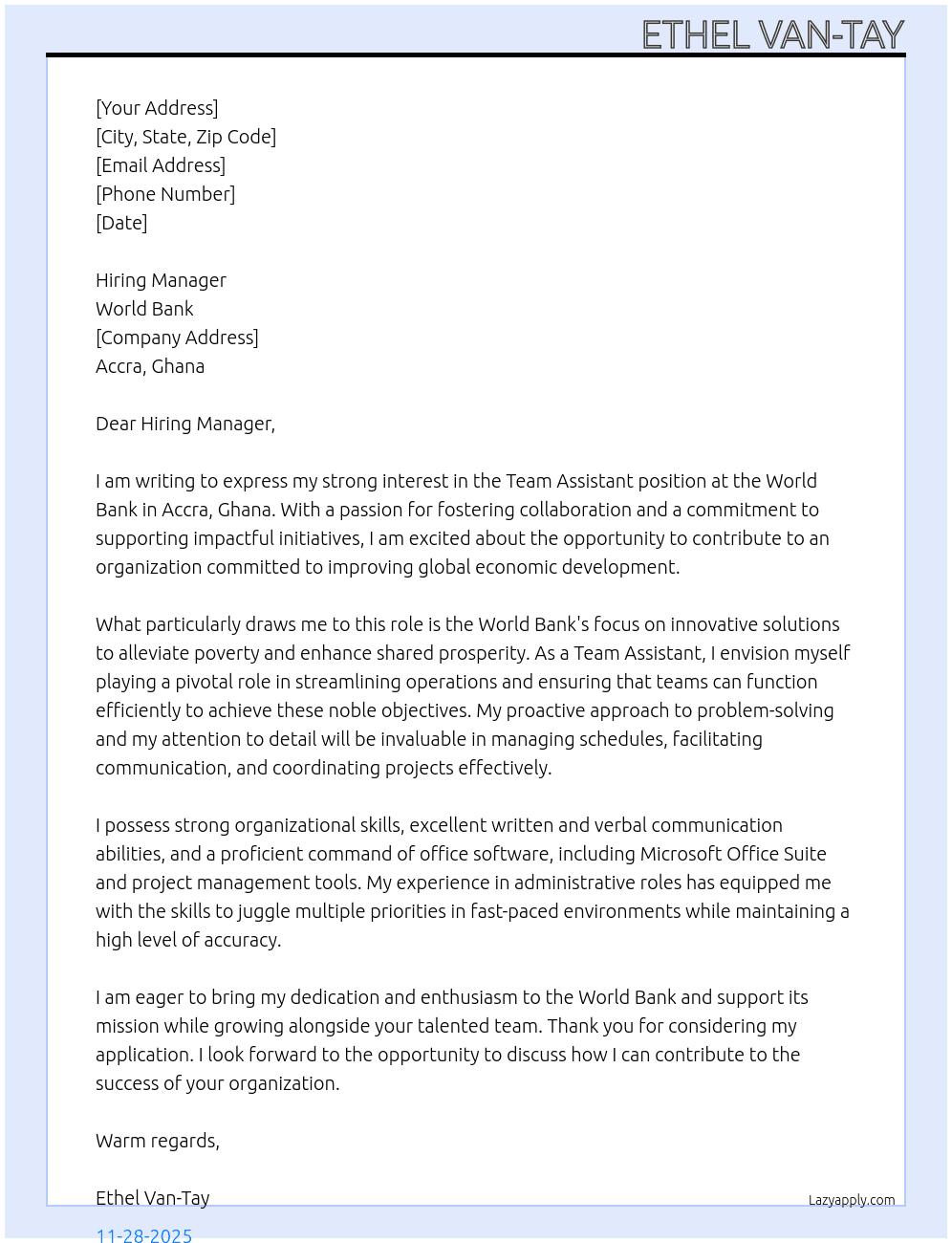 Team Assistant At World Bank Cover Letter