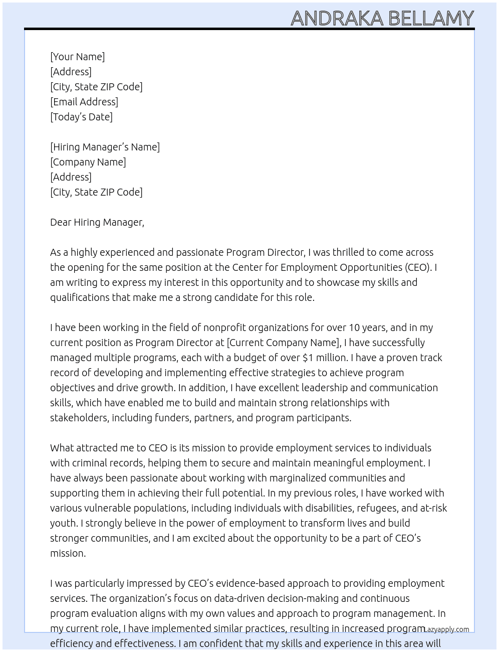 Program Director  At Center for Employment Opportunities (CEO) Cover Letter