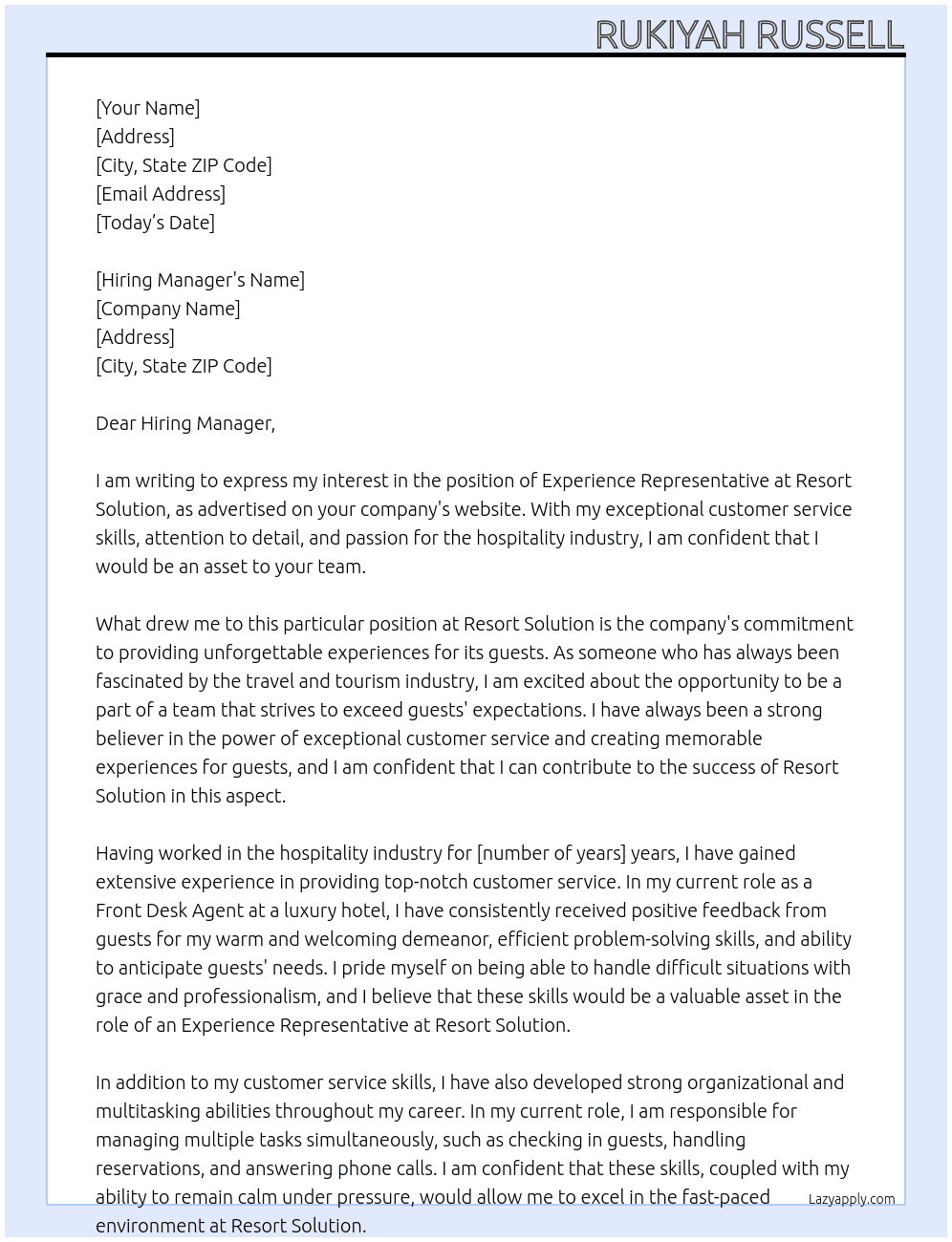 Experience Representative At Resort Solution Cover Letter