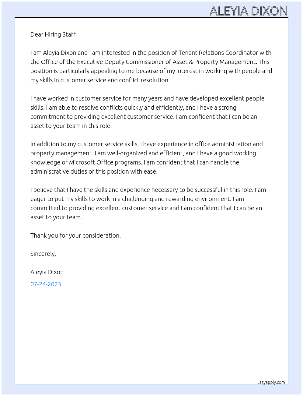 Tenant Relations Coordinator At Office of the Executive Deputy Commissioner of Asset & Property Management Cover Letter