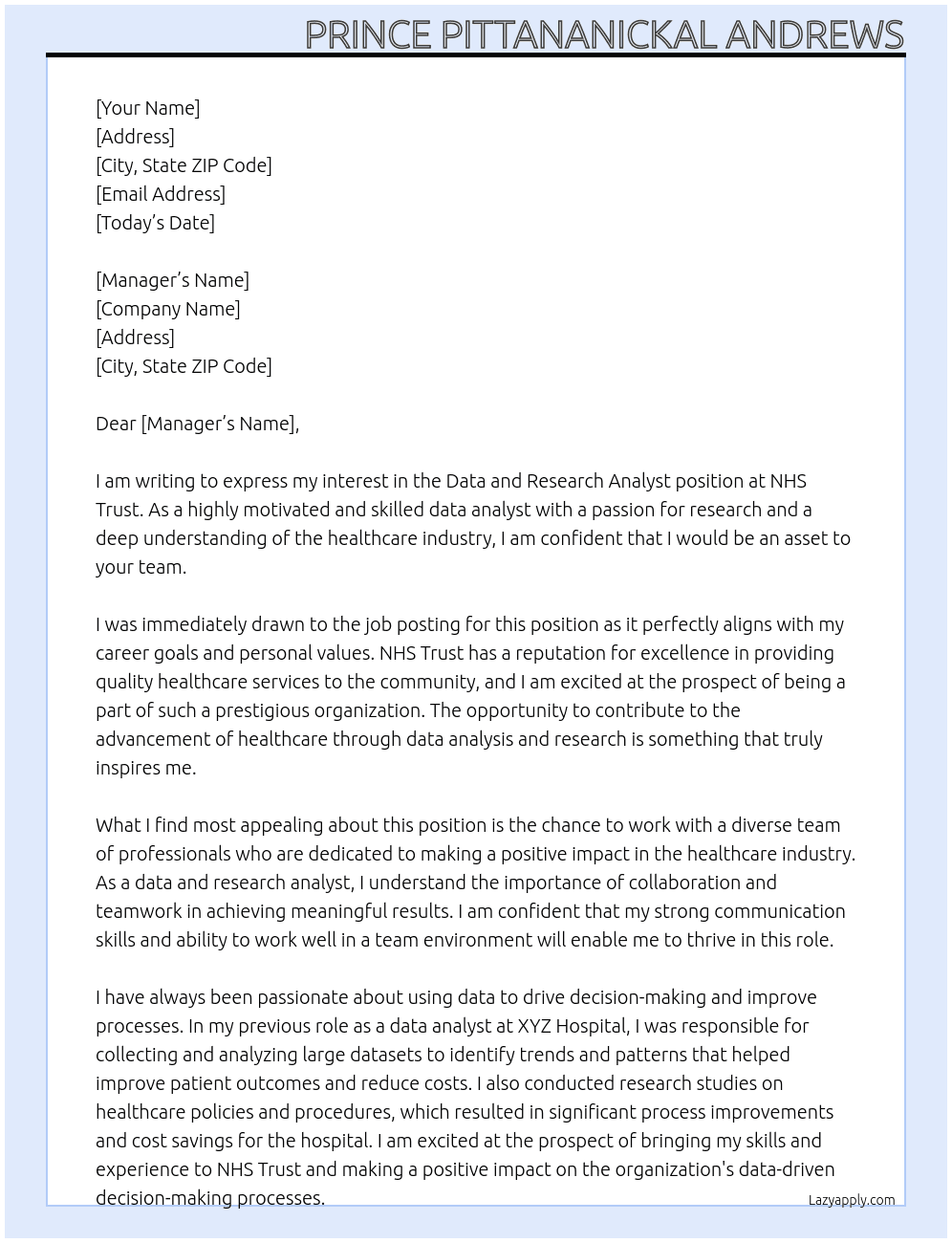 Data and Research Analyst At NHS Trust Cover Letter