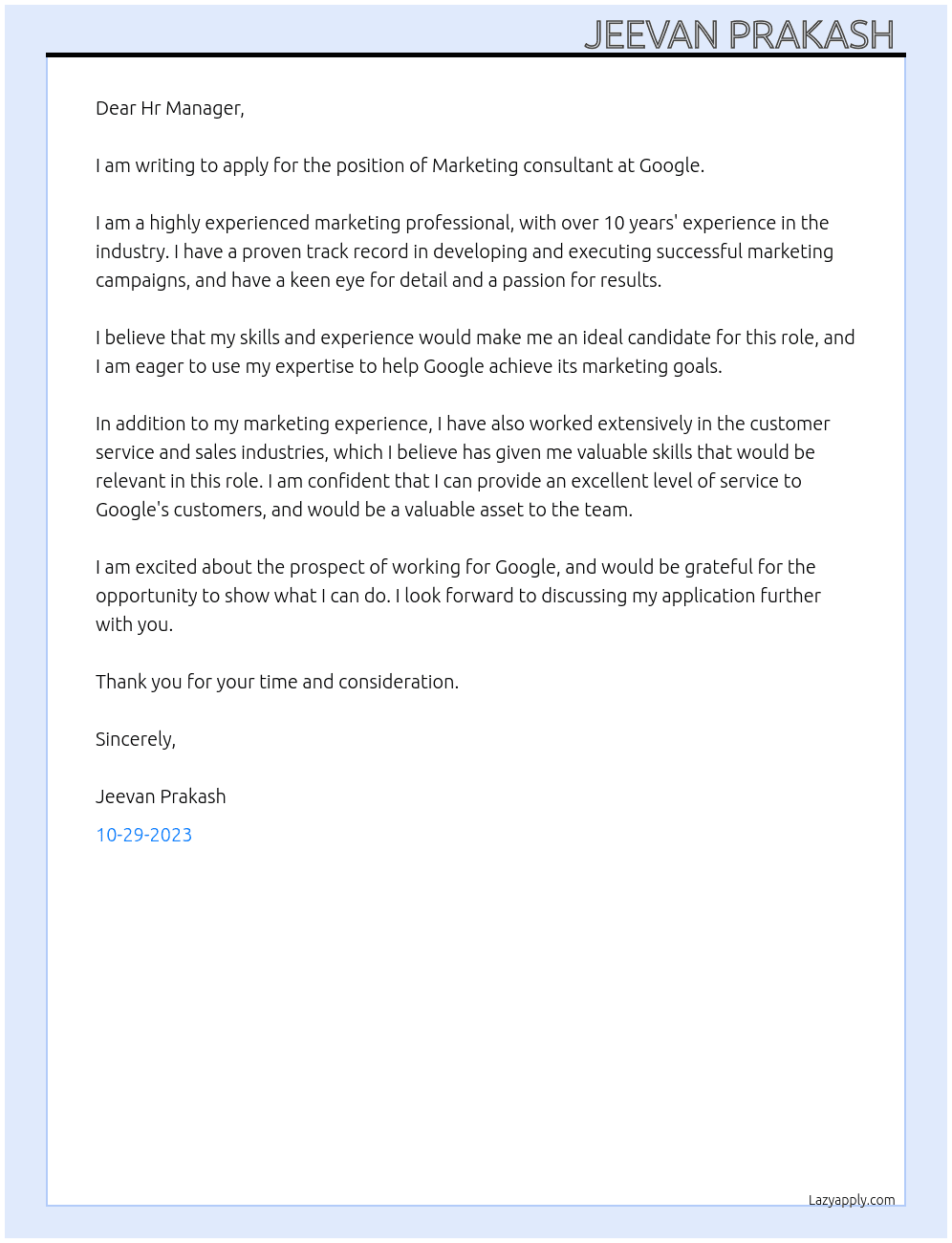 Marketing consultant  At GOOGLE  Cover Letter