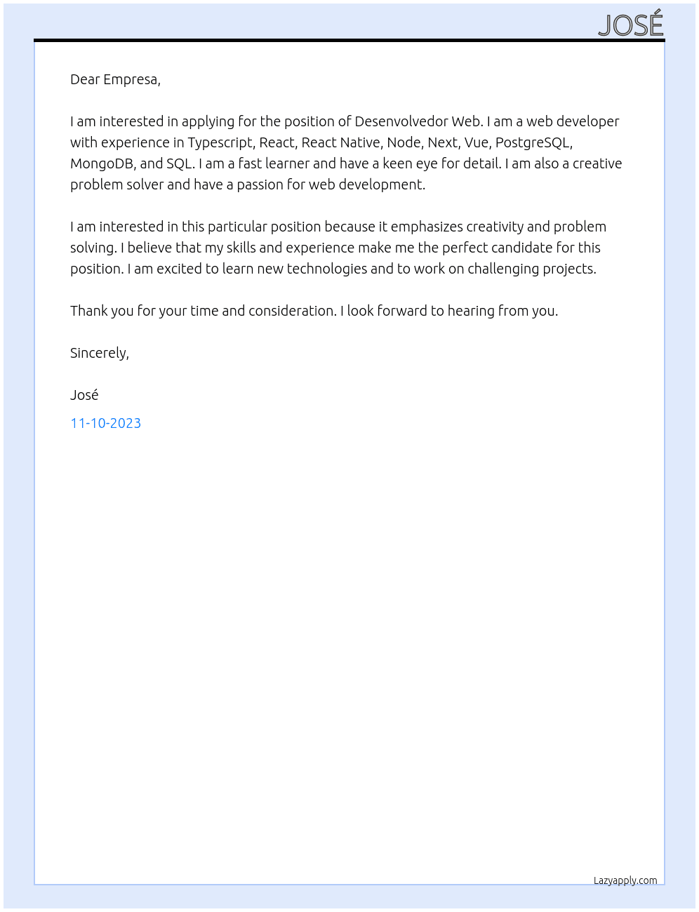 Desenvolvedor Web At Empresa Cover Letter