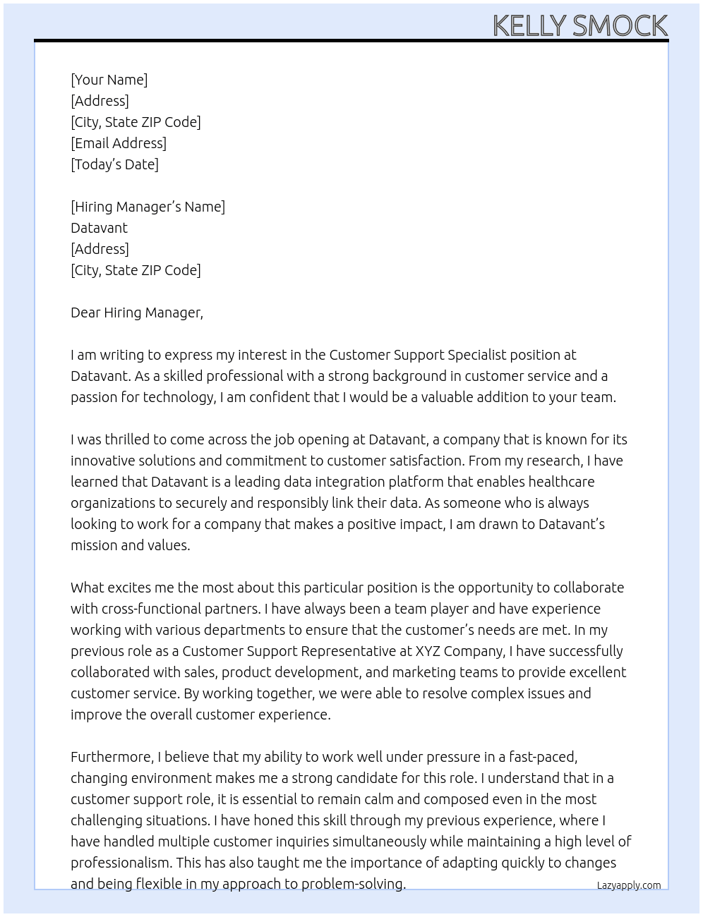 Customer Support Specialist At Datavant Cover Letter