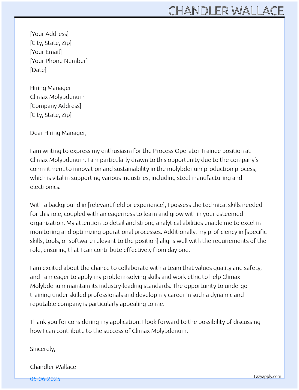 Process Operator Trainee At Climax Molybdenum Cover Letter