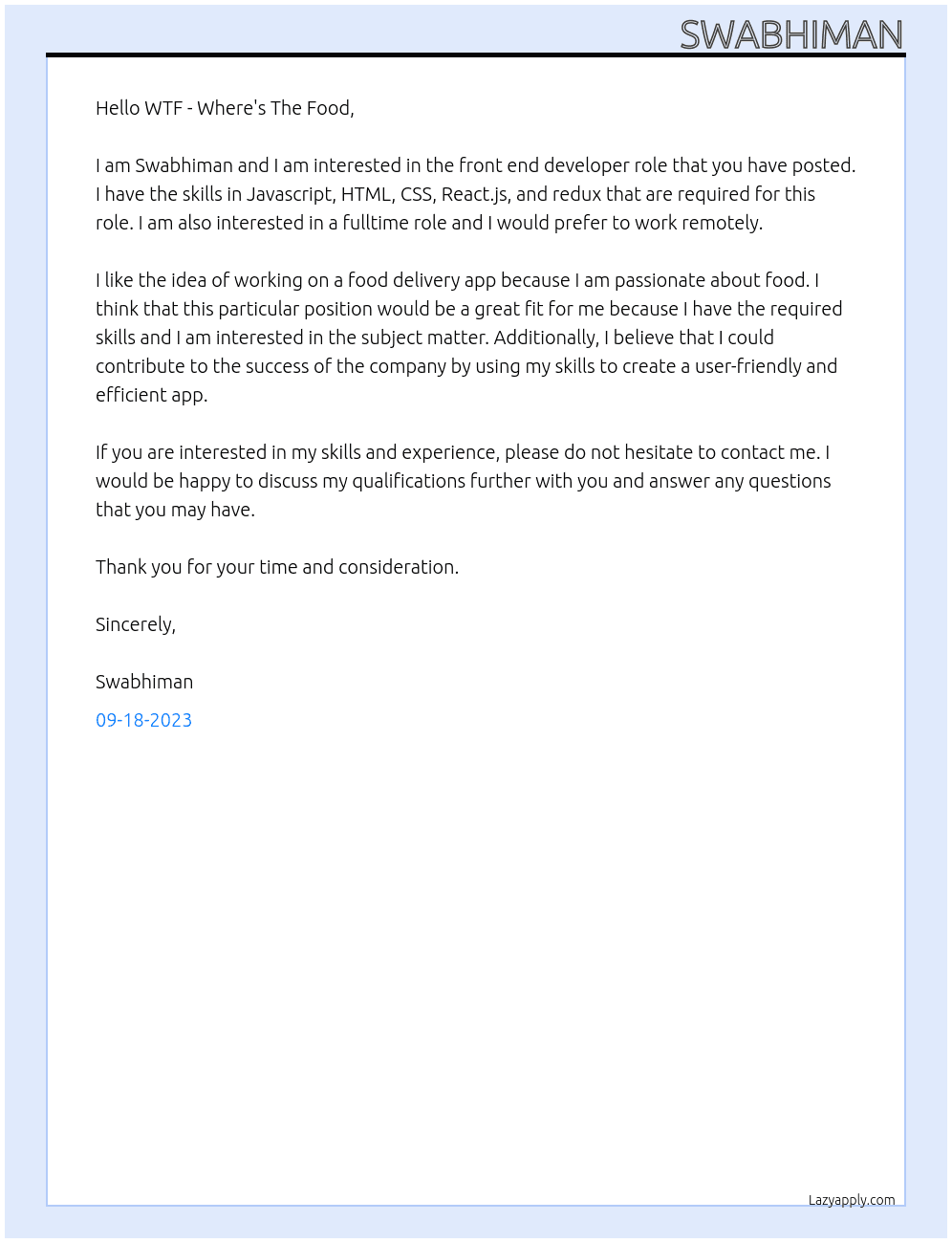 Front end developer At WTF - Where's The Food Cover Letter