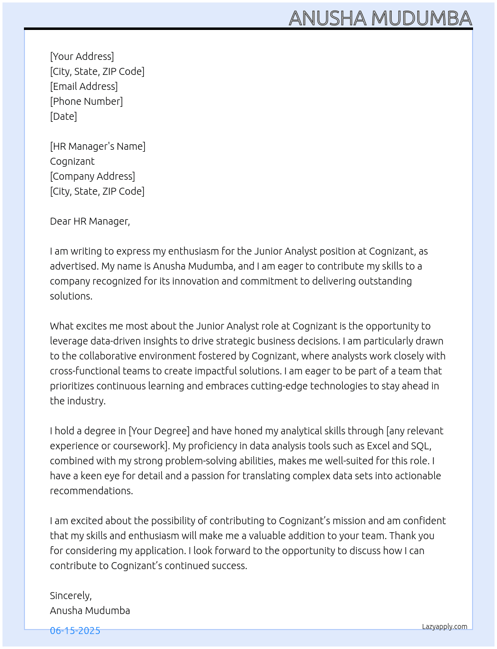 Cover letter for junior analyst - LazyApply