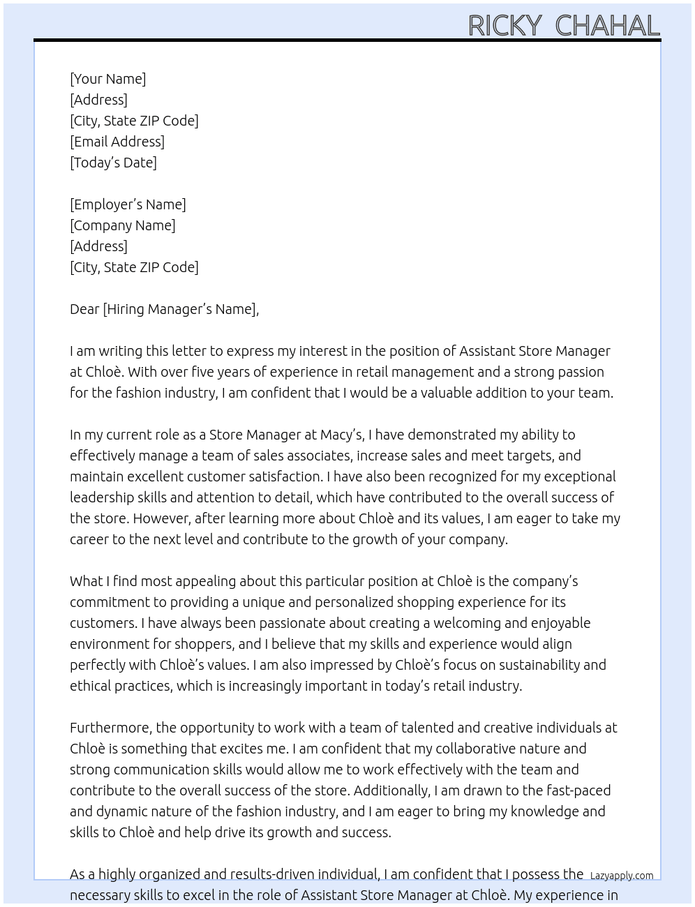 Assistant store manager  At Chloè Cover Letter