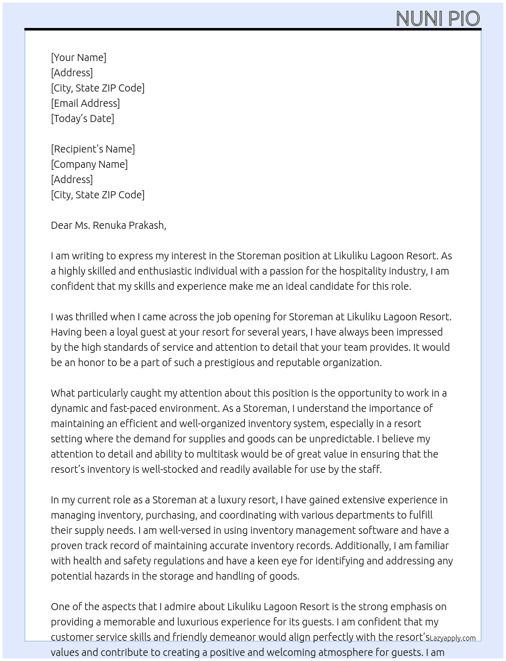 Storeman At Likuliku Lagoon Resort Cover Letter
