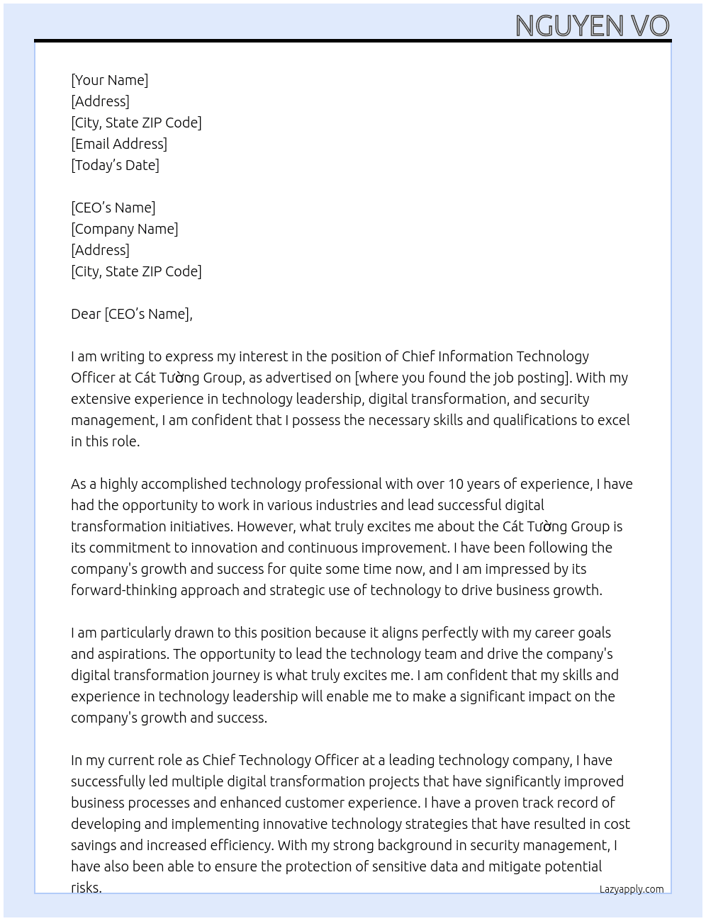 Chief Information Technology Officer At Cát Tường Group Cover Letter