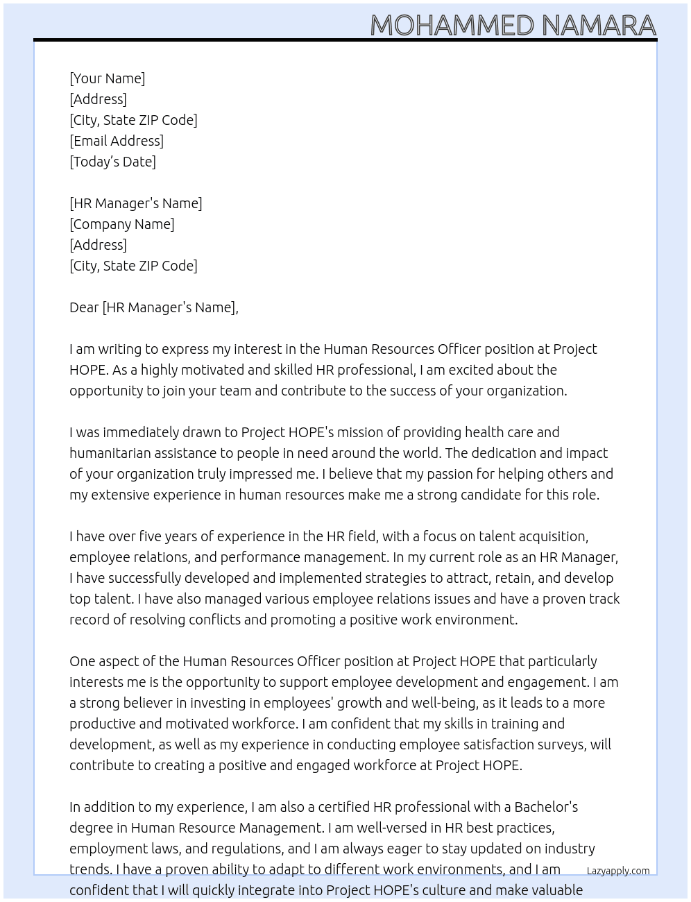Human Resources Officer At Project HOPE  Cover Letter