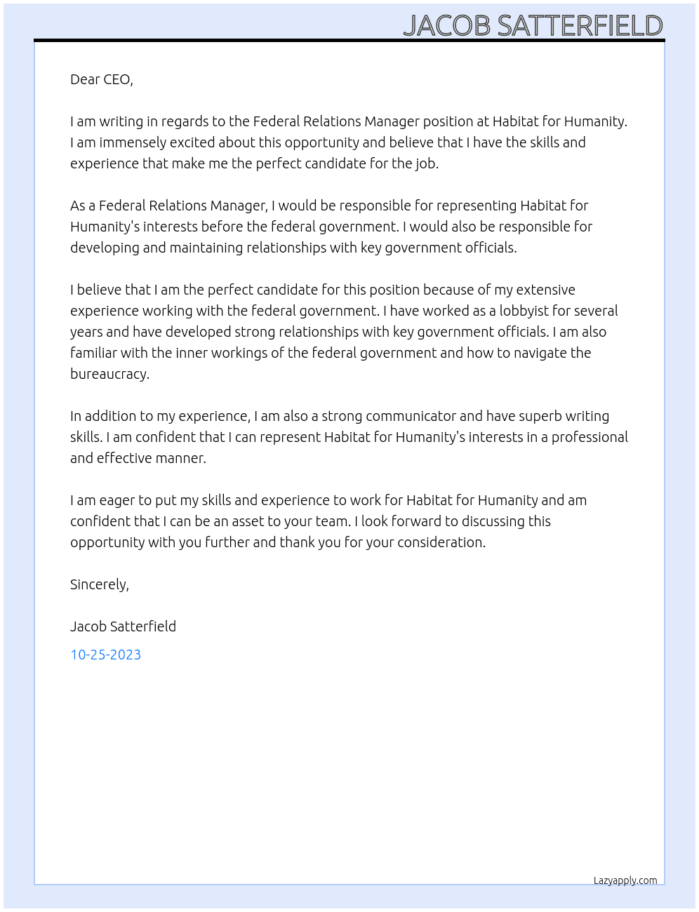 Federal Relations Manager At Habitat for Humanity  Cover Letter