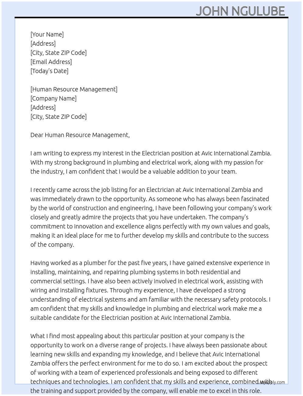 Electrician  At Avic international Zambia  Cover Letter
