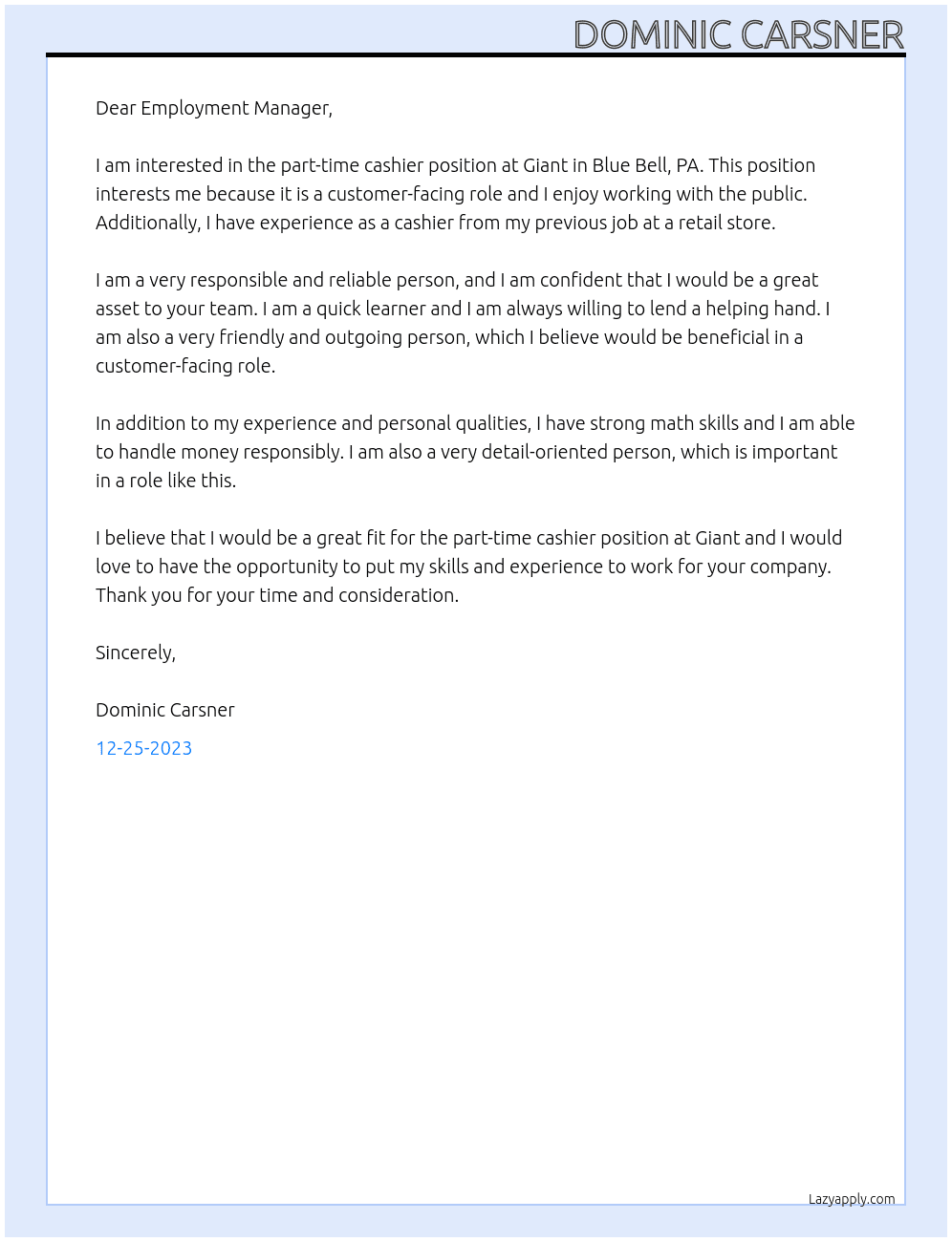 Cashier At Giant Cover Letter