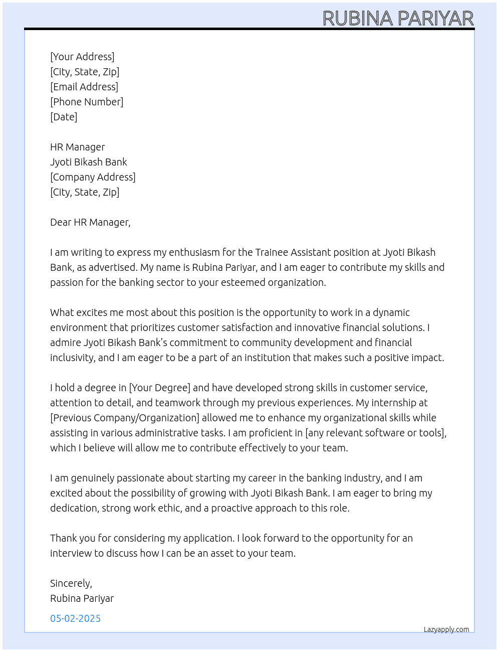 Trainee Assistant At Jyoti Bikash Bank Cover Letter
